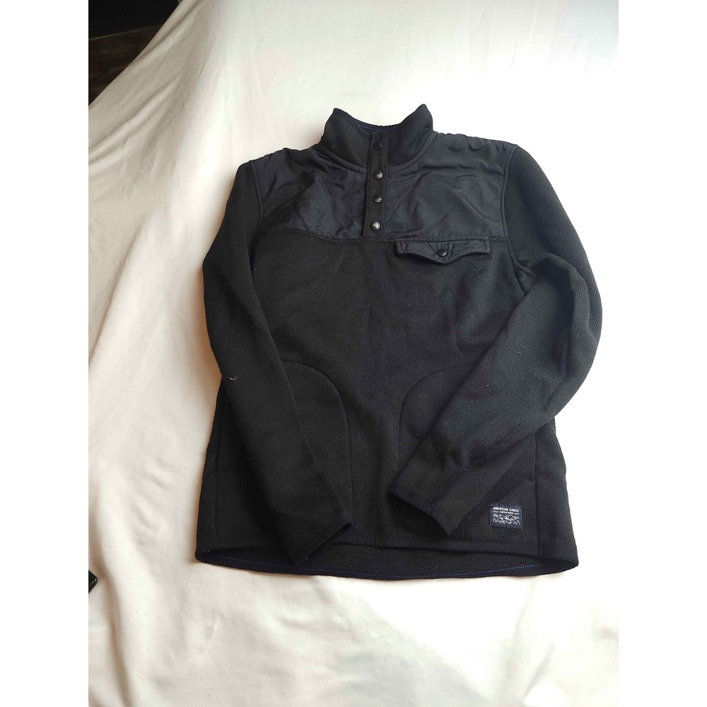American Eagle Outfitters Mens XS Black Snap Neck Mixed Media Fleece Pullover